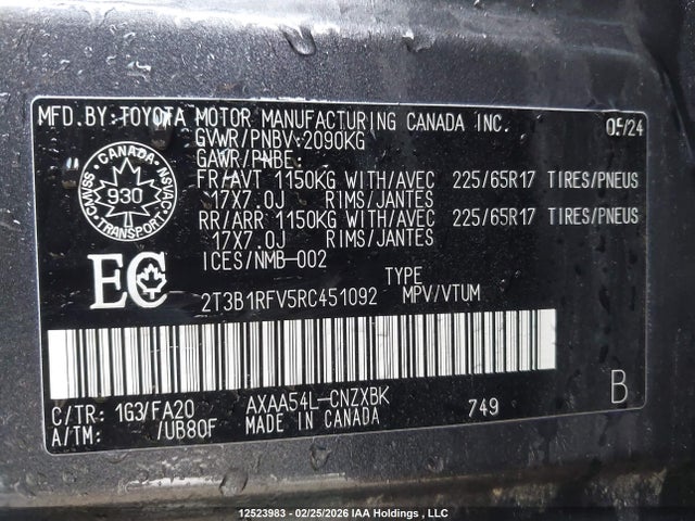 2024 Toyota Rav4 Le მანქანა იყიდება აუქციონზე, vin: 2T3B1RFV5RC451092, აუქციონის ნომერი: 12523983