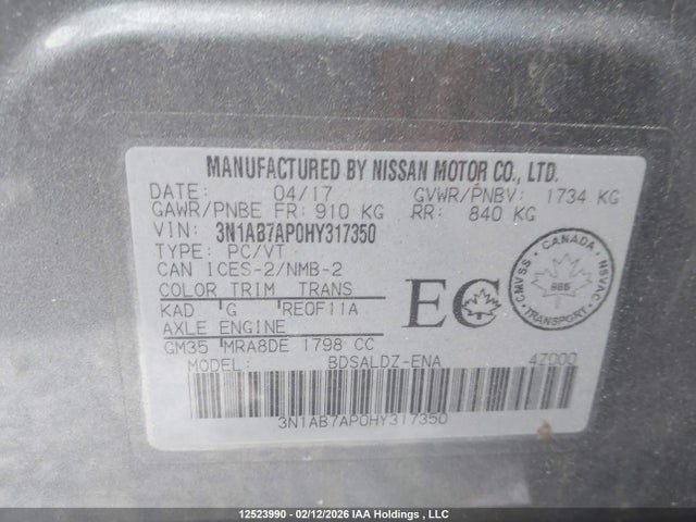 3N1AB7AP0HY317350 Nissan Sentra S/sv/sr/sl