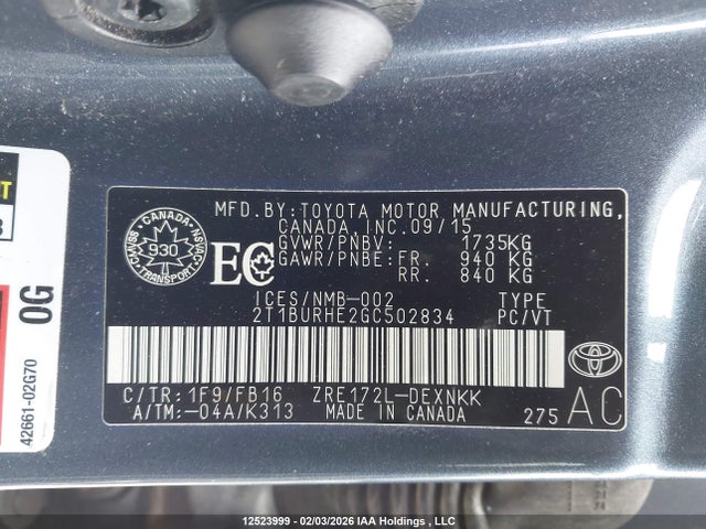 2T1BURHE2GC502834 Toyota COROLLA LE