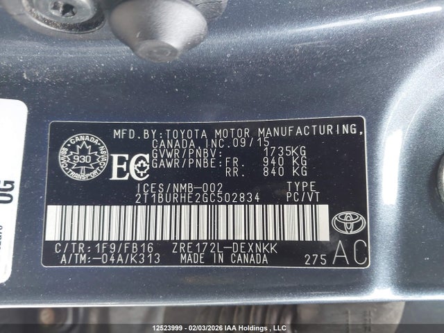 2T1BURHE2GC502834 Toyota COROLLA LE