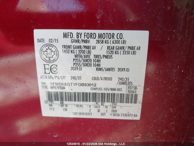 1FM5K8GT1FGB93012 Ford EXPLORER SPORT