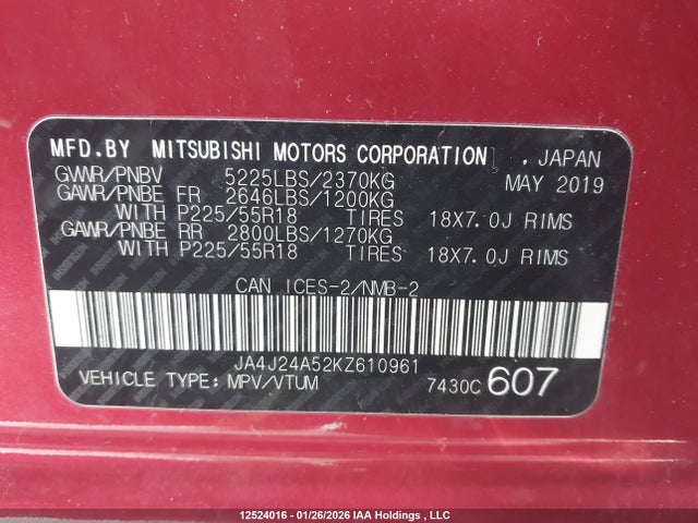 JA4J24A52KZ610961 Mitsubishi Outlander Sel/gt