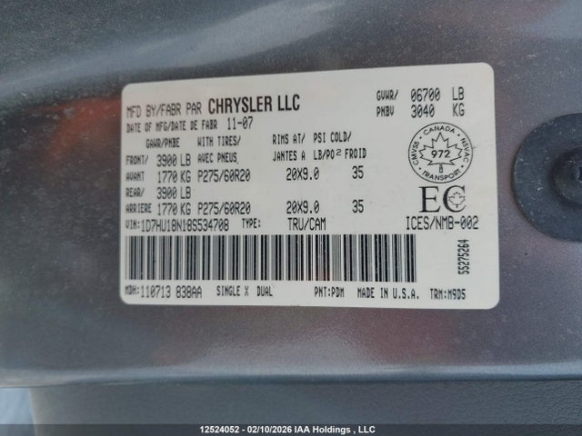 Aukcja sprzedaży 2008 Dodge Ram 1500 Slt, vin: 1D7HU18N18S534708, numer aukcji: 12524052
