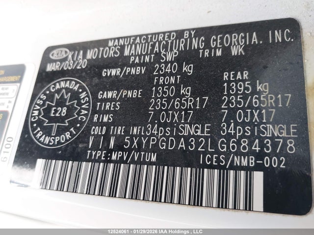 5XYPGDA32LG684378 KIA Sorento L/lx