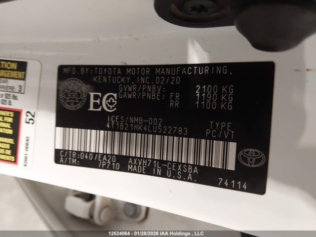 12524064 :رقم المزاد ، 4T1B21HK4LU522783 vin ، 2020 Toyota Camry Xle/se مزاد بيع