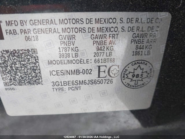 Продаж на аукціоні авто 2018 Chevrolet Cruze Lt Auto, vin: 3G1BE6SM6JS650726, номер лоту: 12524067