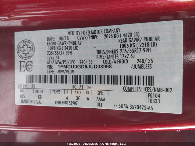 12524079 :رقم المزاد ، 1FMCU0GD6JUD08998 vin ، 2018 Ford Escape Se مزاد بيع