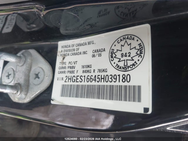 2005 Honda Civic Lx-g მანქანა იყიდება აუქციონზე, vin: 2HGES16645H039180, აუქციონის ნომერი: 12524080