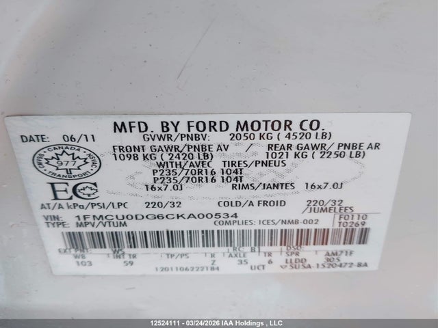 Продажа на аукционе авто 2012 Ford Escape Xlt, vin: 1FMCU0DG6CKA00534, номер лота: 12524111