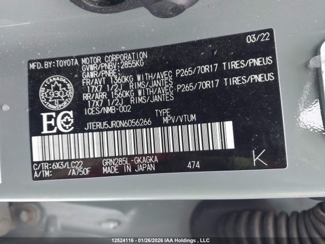 JTERU5JR0N6056266 Toyota 4runner Sr5 Premium/trd Sport/trd Off Road/trd Off Road Premium/trd Pro