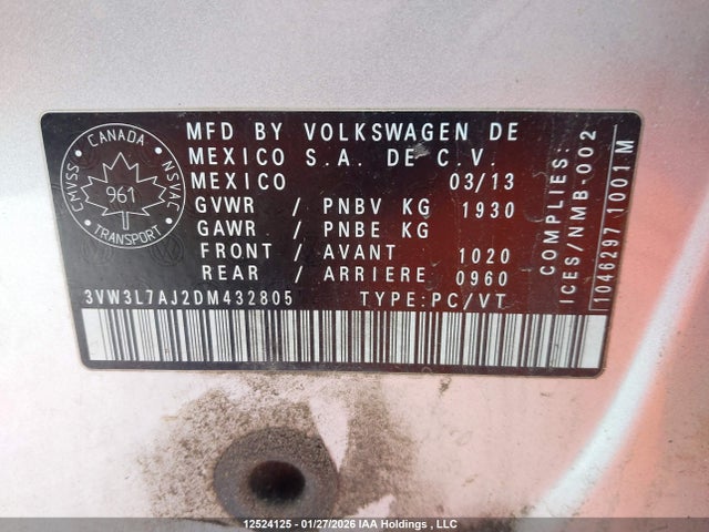 Aukcja sprzedaży 2013 Volkswagen Jetta Tdi, vin: 3VW3L7AJ2DM432805, numer aukcji: 12524125