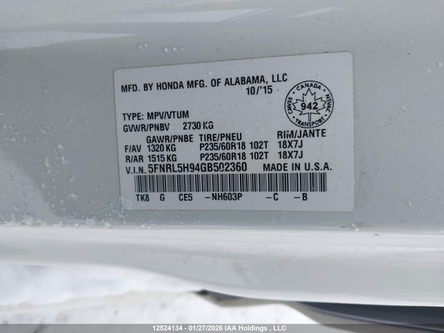 5FNRL5H94GB502360 Honda Odyssey Touring/touring Elite