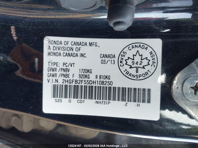 Aukcja sprzedaży 2013 Honda Civic Ex 4dr, vin: 2HGFB2F55DH108250, numer aukcji: 12524187