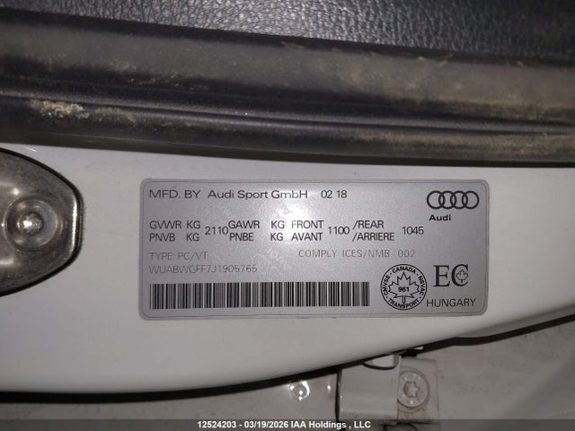 Aukcja sprzedaży 2018 Audi Rs 3 2.5t, vin: WUABWGFF7J1905765, numer aukcji: 12524203