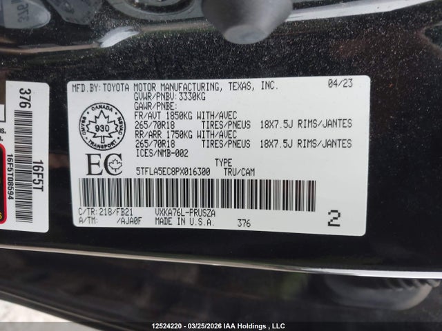 Aukcja sprzedaży 2023 Toyota Tundra Sr5, vin: 5TFLA5EC8PX016300, numer aukcji: 12524220
