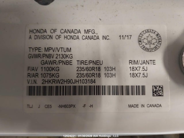 2HKRW2H90JH103184 Honda Cr-v Touring