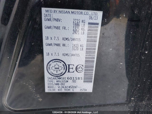 5N1AR2MM5EC601585 Nissan Pathfinder Platinum/s/sl/sv