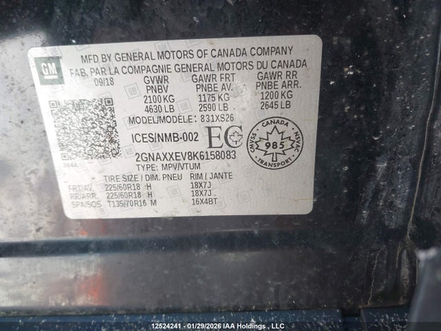 Aukcja sprzedaży 2019 Chevrolet Equinox Premier, vin: 2GNAXXEV8K6158083, numer aukcji: 12524241