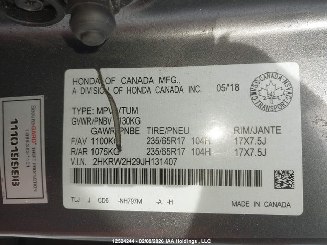 2HKRW2H29JH131407 Honda CR-V LX