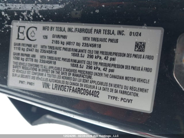 Aukcja sprzedaży 2024 Tesla Model 3, vin: LRW3E7FA4RC094402, numer aukcji: 12524295