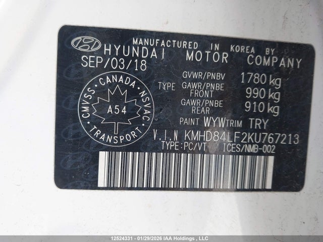 KMHD84LF2KU767213 Hyundai Elantra Luxury
