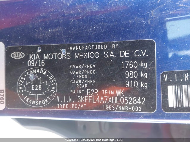 3KPFL4A7XHE052842 KIA Forte