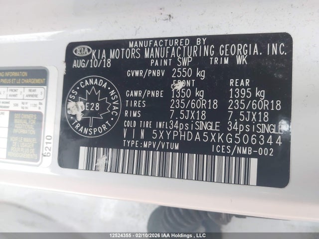 5XYPHDA5XKG506344 KIA Sorento Ex/ex Sport