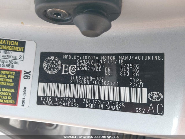 2019 Toyota Corolla Ce მანქანა იყიდება აუქციონზე, vin: 2T1BURHEXKC182171, აუქციონის ნომერი: 12524364