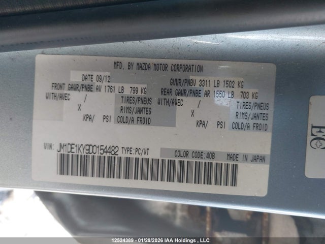 12524389 :رقم المزاد ، JM1DE1KY9D0154482 vin ، 2013 Mazda Mazda2 Gx مزاد بيع