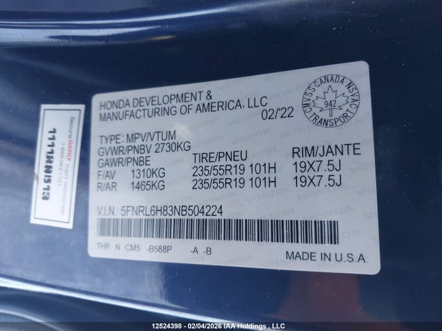 5FNRL6H83NB504224 Honda Odyssey