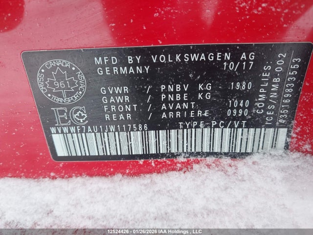 WVWWF7AU1JW117586 Volkswagen Golf R