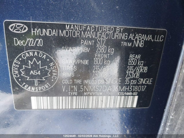 12524449 :رقم المزاد ، 5NMS2DAJ6MH318017 vin ، 2021 Hyundai Santa Fe Sel مزاد بيع