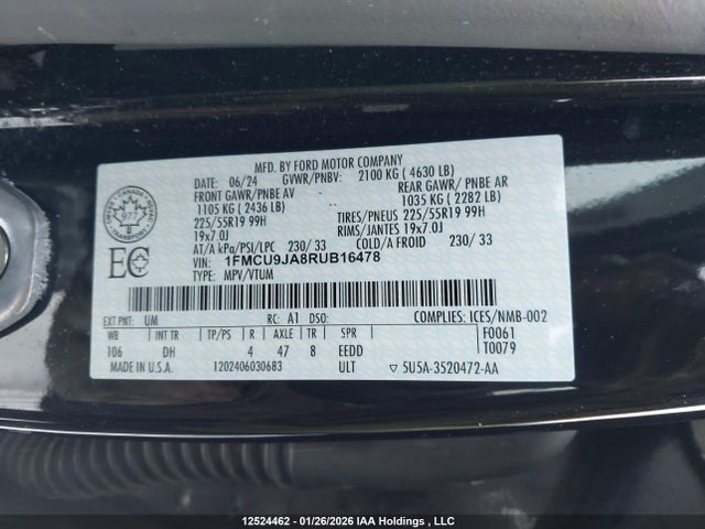 Aukcja sprzedaży 2024 Ford Escape Platinum, vin: 1FMCU9JA8RUB16478, numer aukcji: 12524462