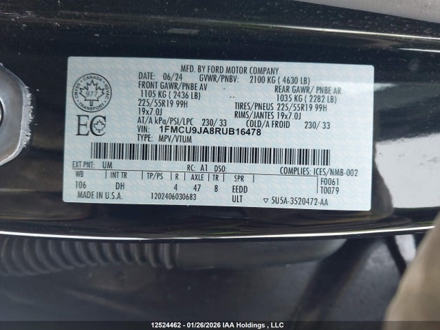 Aukcja sprzedaży 2024 Ford Escape Platinum, vin: 1FMCU9JA8RUB16478, numer aukcji: 12524462