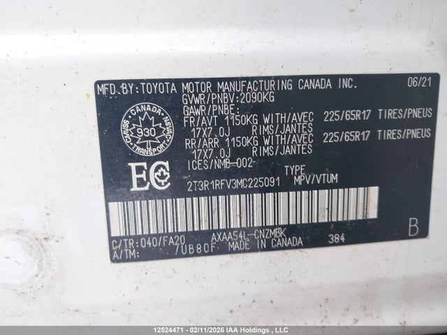 2021 Toyota Rav4 Xle მანქანა იყიდება აუქციონზე, vin: 2T3R1RFV3MC225091, აუქციონის ნომერი: 12524471