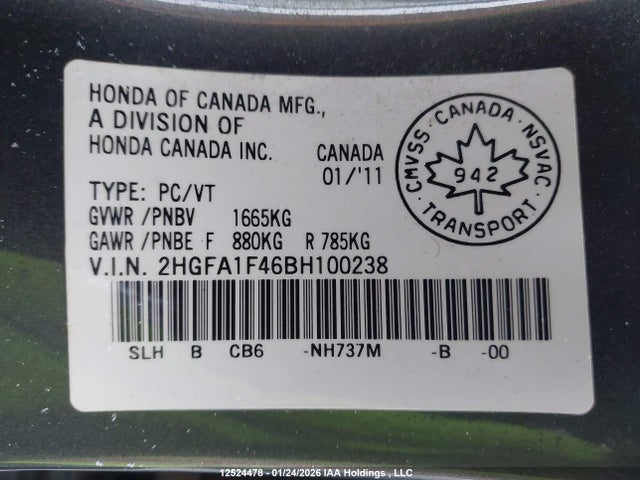 Auction sale of the 2011 Honda Civic Dx-g, vin: 2HGFA1F46BH100238, lot number: 12524478