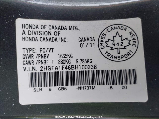 Auction sale of the 2011 Honda Civic Dx-g, vin: 2HGFA1F46BH100238, lot number: 12524478