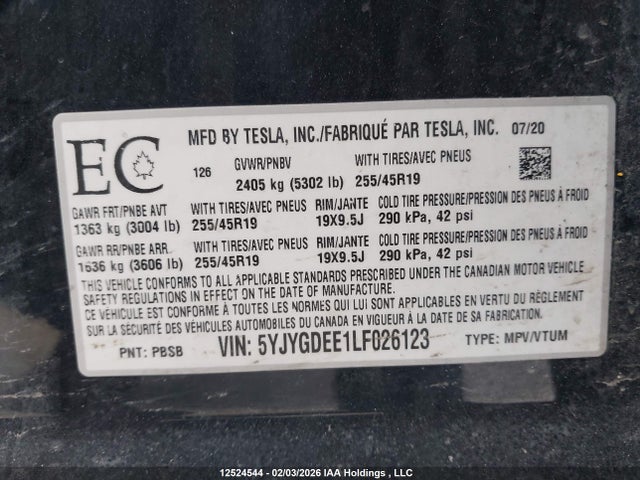 5YJYGDEE1LF026123 Tesla Model Y Long Range