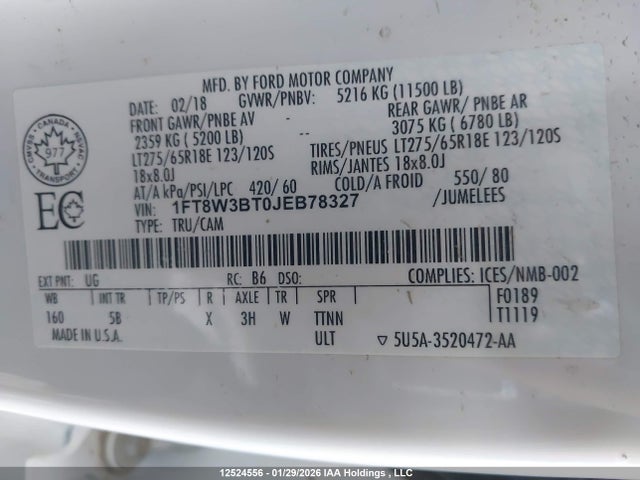 1FT8W3BT0JEB78327 Ford F350 Super Duty