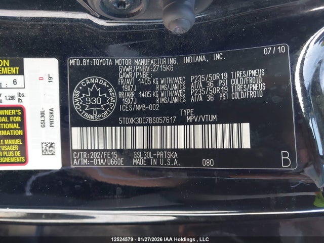 Aukcja sprzedaży 2011 Toyota Sienna Sport, vin: 5TDXK3DC7BS057617, numer aukcji: 12524579