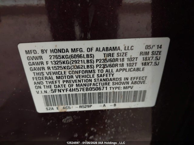 2014 Honda Pilot Ex-l მანქანა იყიდება აუქციონზე, vin: 5FNYF4H57EB050671, აუქციონის ნომერი: 12524597