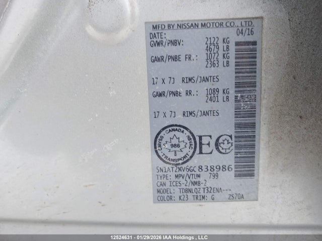 5N1AT2MV6GC838986 Nissan Rogue S/sl Premium/sv