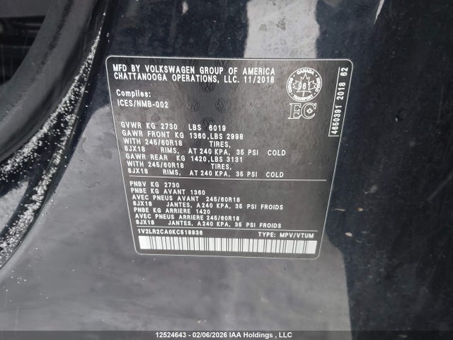 12524643 :رقم المزاد ، 1V2LR2CA0KC518936 vin ، 2019 Volkswagen Atlas مزاد بيع
