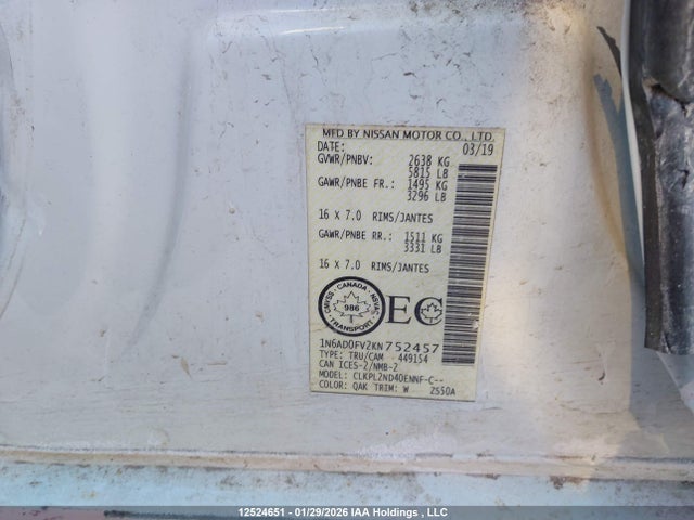 1N6AD0FV2KN752457 Nissan Frontier Sv