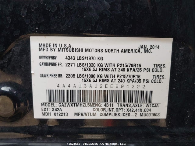Aukcja sprzedaży 2014 Mitsubishi Rvr Se, vin: 4A4AJ3AU2EE604222, numer aukcji: 12524662