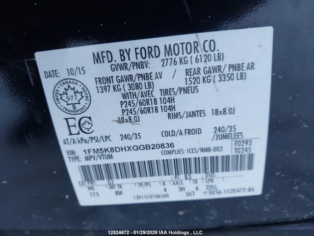 1FM5K8DHXGGB20836 Ford EXPLORER XLT