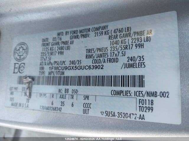 1FMCU9GX5GUC63902 Ford ESCAPE SE