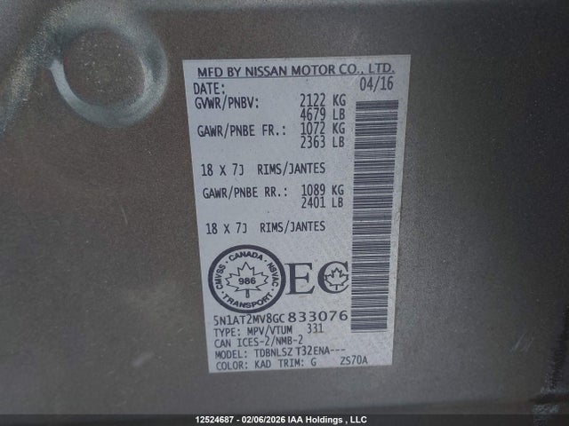 5N1AT2MV8GC833076 Nissan Rogue S/sl Premium/sv