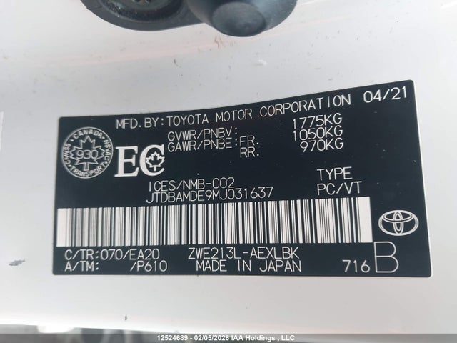 JTDBAMDE9MJ031637 Toyota Corolla Hybrid Base W/li Battery