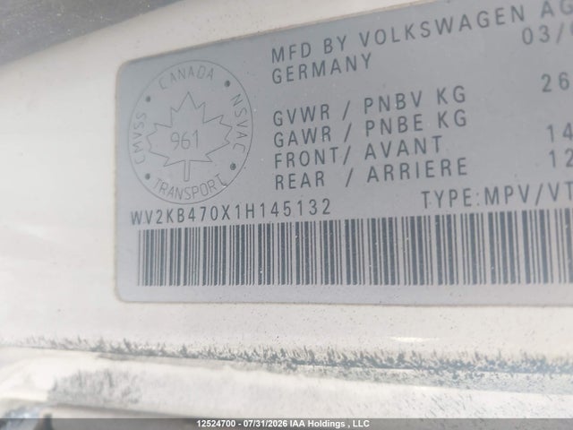 12524700 :رقم المزاد ، WV2KB470X1H145132 vin ، 2001 Volkswagen Eurovan Gls مزاد بيع